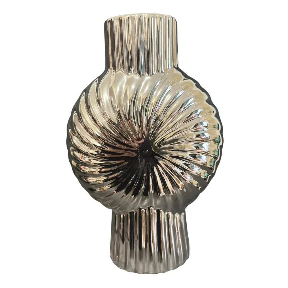 Sculptural Decorative Vase Modern Chrome Silver Swirl Ribbed Ceramic 9.5 Inch